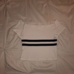 White with navy stripe rin off shoulder John Galt